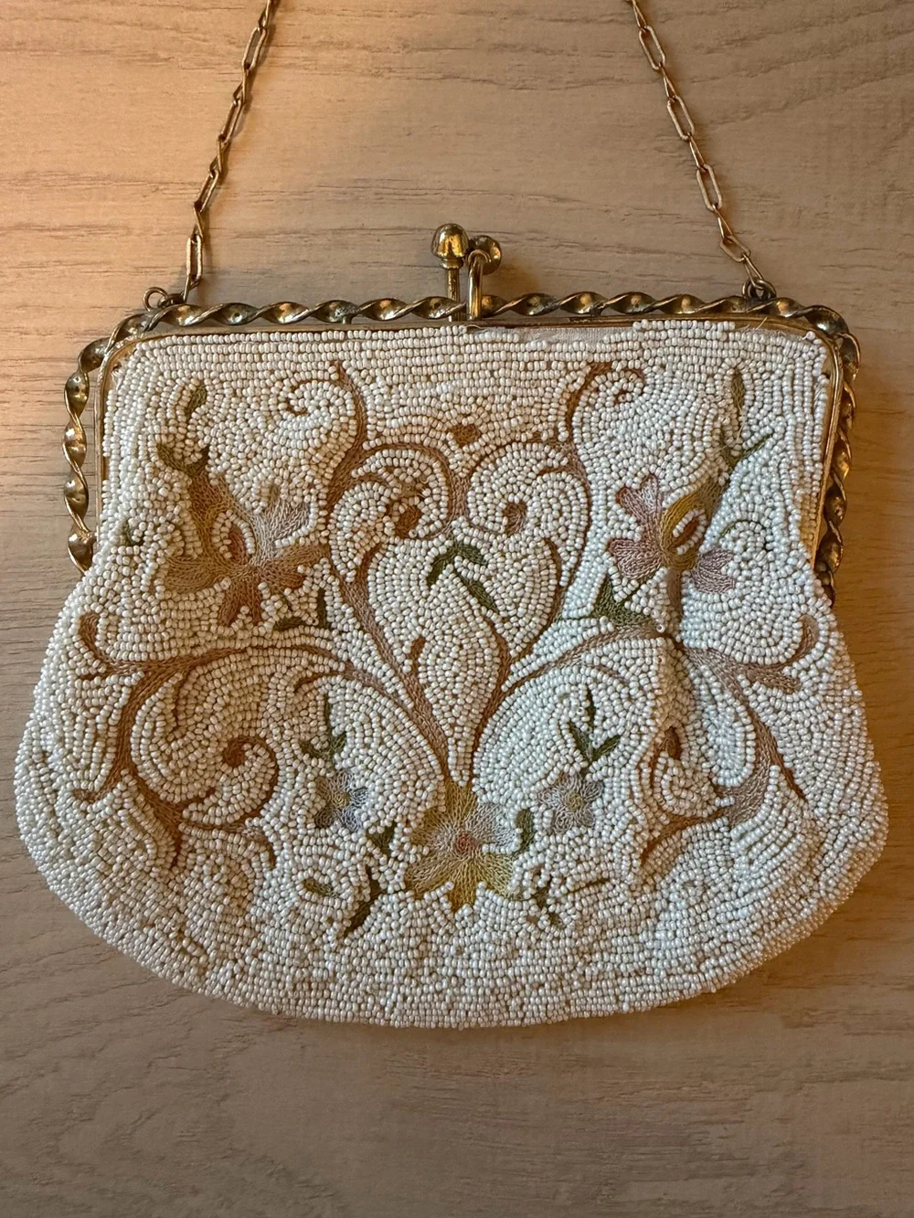 Vintage Longchamp Cream Beaded Floral Evening Clutch with Gold Chain